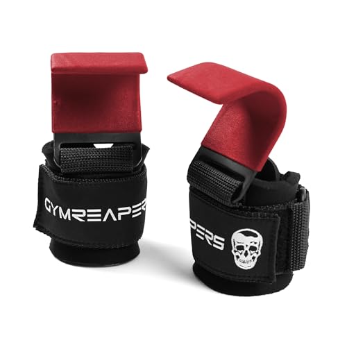 Gymreapers Weight Lifting Hooks (Pair), Heavy Duty Power Wrist Straps Hand Grip Support For Deadlifts, Pull Ups, Shrugs - Gym Gloves For Men and Women - color: Red