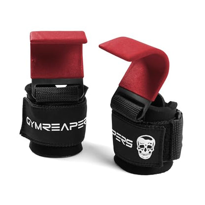 Gymreapers Weight Lifting Hooks (Pair), Heavy Duty Power Wrist Straps Hand Grip Support For Deadlifts, Pull Ups, Shrugs - Gym Gloves For Men and Women - color: Red