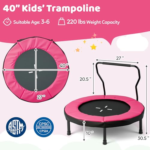 Goplus 40" Mini Trampoline for Kids, Indoor/Outdoor Fitness Trampoline with Foam Handlebar & Safety Pad, Home Workout Equipment for 3-6 Years Old Toddlers, Gift for Boys & Girls