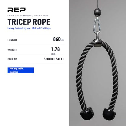 REP Fitness LAT Pulldown and Low Row Cable Machine Attachments and Functional Trainer Attachments – Curl Bar, D-Handle, Ankle Cuff, Tricep Rope, Sports Handle, Straight Bar, Row, Chinning Triangle - style: Tricep Rope