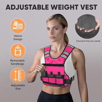 Adjustable Weighted Vest, 4-10lb/12-18lb/20-32lb Vest with 6 Ironsand Weights and Large Pocket, Weight Vest for Men Women Strength Training, Running, Walking - color: Pink, size: 4-10lbs