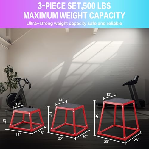 Pro-Grade Plyometric Jump Box Gym Fitness Exercise Set, Steel Anti-Slip Step Up Box, 3-Pack(12/18/24 Inch) Plyo Box Jumps for Home Gym Jumping, Squat, Strength Training