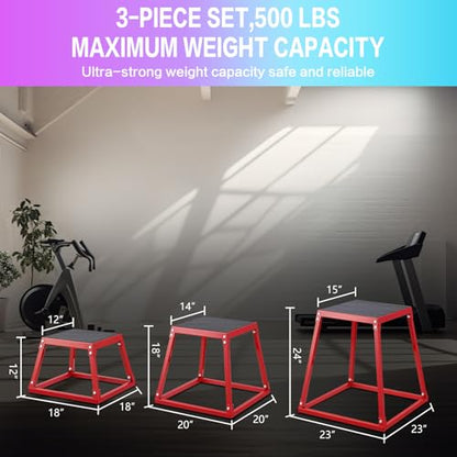 Pro-Grade Plyometric Jump Box Gym Fitness Exercise Set, Steel Anti-Slip Step Up Box, 3-Pack(12/18/24 Inch) Plyo Box Jumps for Home Gym Jumping, Squat, Strength Training