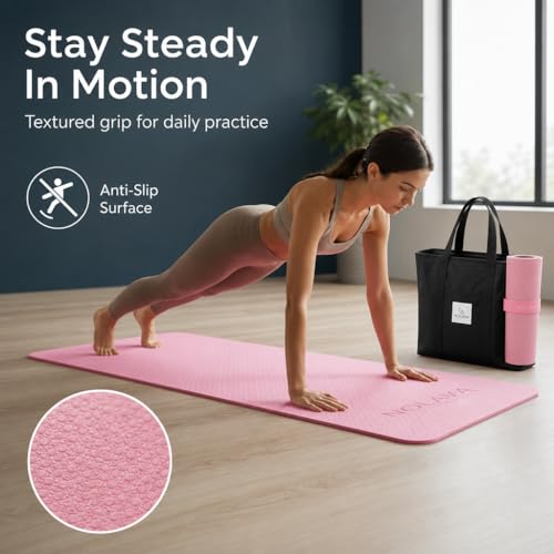 Nolava Yoga Mat with Bag – 72 x 24 inch, 1/4 inch Thick Non-Slip Mat – Includes Slap Band, Black Zippered Carry Tote with Mat Sleeve & Inner Pocket – For Yoga, Pilates, Home or Studio.