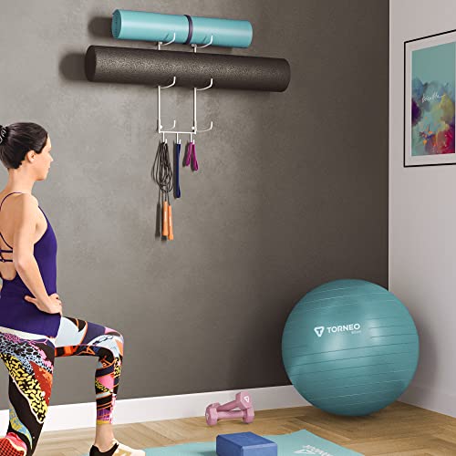 Wallniture Guru Yoga Mat Holder Wall Mount with 3 Hooks for Hanging Yoga Strap, Resistance Bands, 5-Sectional Metal