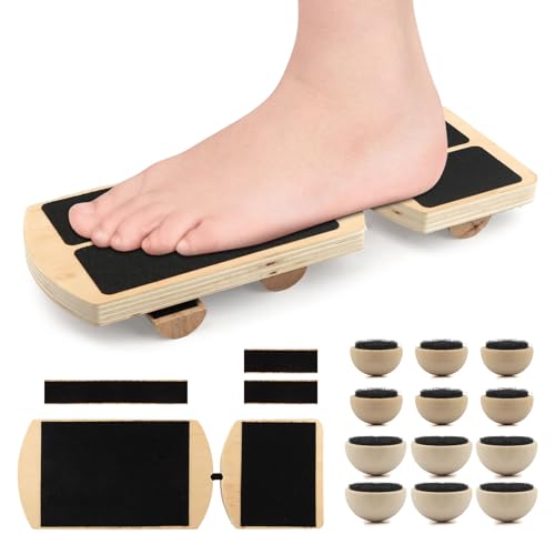 Ankle Balance Board Foot Strengthener, Adjustable Wobble Board with 12 Balls & Balance Rods,18°/24°/30° Tilt Levels, 300lbs Max Capacity, Non-Slip Wooden Trainer for Ankle & Core Stability Training