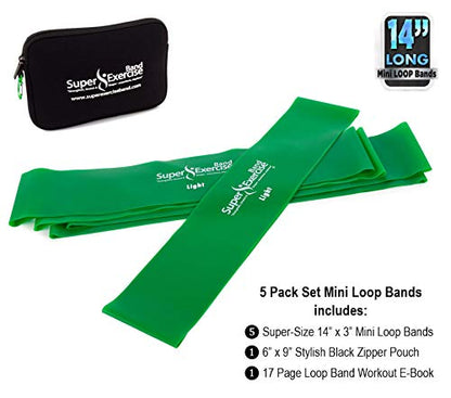USA 14" x 3" Extra Long Latex Free Mini Loop Bands in 3, 5, 10 Pack Sets. 10 Strengths for Resistance Training, Stretching, Yoga, Toning. Plus an Exclusive iPhone App and E-Book. - color: h. Green LIGHT Loop Band 5 Pack