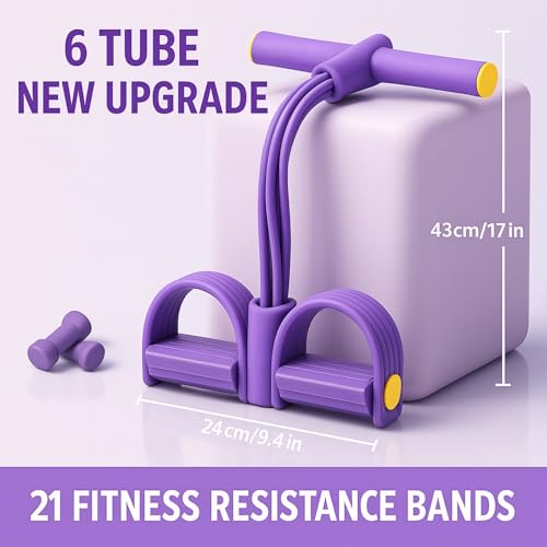 Pedal Resistance Band with Handle, Up to 50lbs 6-Tube Multifunction Pedal Resistance Band for Home Workout, Natural Rubber Foot Pedal Resistance Band with Storage Bag