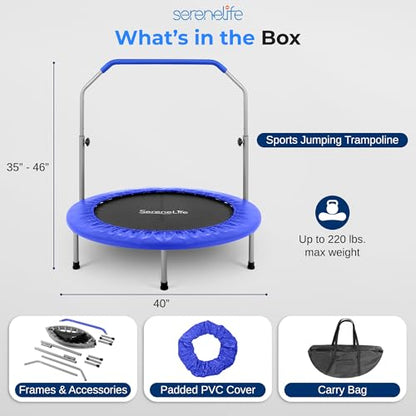 SereneLife 40" Fitness Trampoline for Adults, Indoor/Outdoor Mini Rebounder Trampoline with Adjustable Handrail, Elastic Jump Mat, Sturdy Frame, Lightweight Design for Exercise, 40" x 40" x 46" Inch