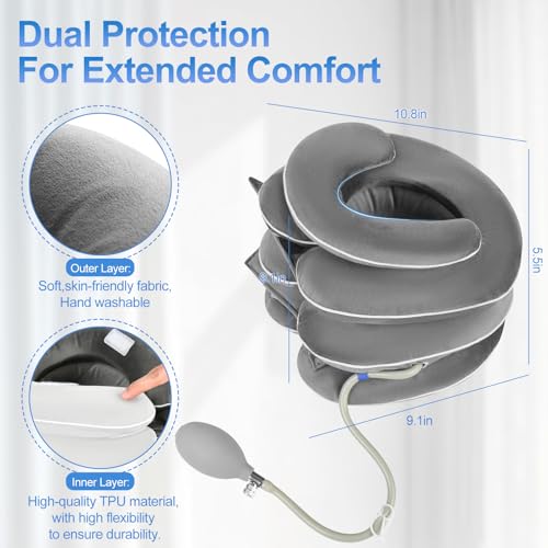 Portable Cervical Traction Device for Instant Neck Pain Relief,Inflatable & Adjustable Neck Traction Device with Neck Brace，Perfect for Home,Office,and Travel(Gray) - color: Gray