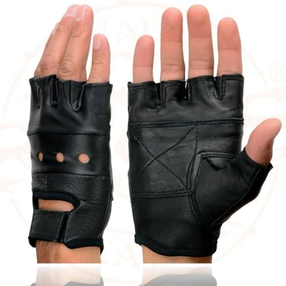 Milwaukee Leather SH216 Men's Black Leather Gel Padded Palm Fingerless Motorcycle Hand Gloves W/Breathable ‘Open Knuckle’