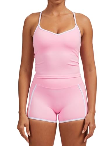 QBGJTD Women 2 Piece Workout Sets Cross Back Tank Top and High Waist Booty Lifting Shorts Yoga Active Outfits with Pockets - color: Pink, size: Small