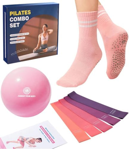 Pilates Ball Resistance Bands Grip Socks Barre Sets, Loop Exercise Bands 5 Levels, Small Yoga Ball 9 Inch, Non Slip Socks Workout Kit at Home - color: Pink