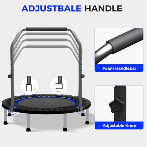 40"/48" Rebounder Trampoline for Adults Mini Trampoline for Adults and Kids Exercise Rebounder with Bar Fitness Trampoline Indoor Height Adjustable Max Load 330/440lbs - color: Blue-48in