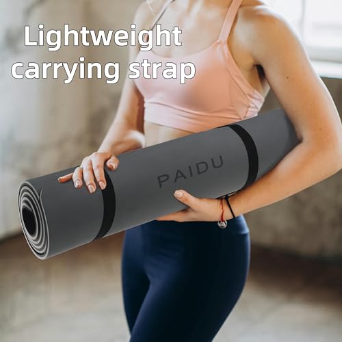 PAIDU Yoga Mat Non Slip Anti-tear,extra thick-2/5 inch（10MM）High Resiliency Professional POE Yoga Mats for Women Men Kids,72"x24"inch,Workout, Yoga, Pilates and Floor Exercise, with Carrier Strap - color: Grey+Black.