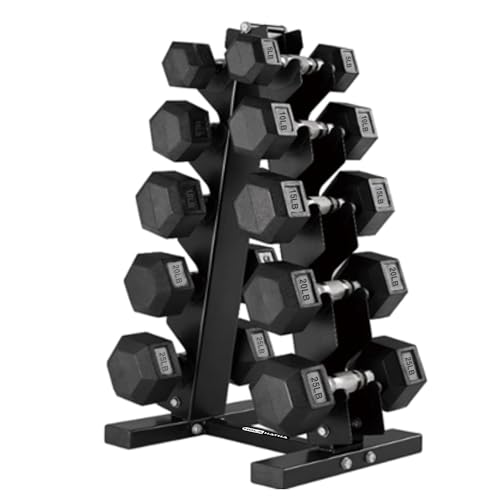 HolaHatha Hexagonal Dumbbell Free Hand Weight Set w/Rack - color: Black, style: 150lb Set