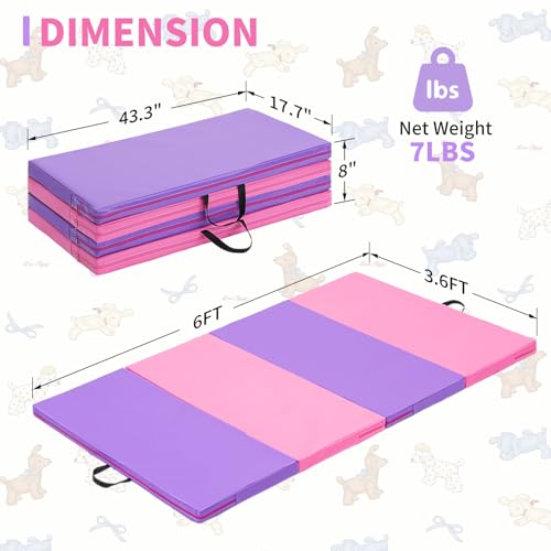 ZENOVA Gymnastics Mat 6'x3'x2''/4'x8'x2'' Exercise Mat Gym Mat for Home Aerobics Workout Foldable Tumbling Mat Children Gifts - color: 3.6FT x 6FT --Pink&Purple
