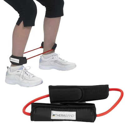 THERABAND Resistance Tubing with Cuffs, Medium Red Level 2, Exercise Bands for Lower Body Workouts, Physical Therapy, Pilates & At-Home Training