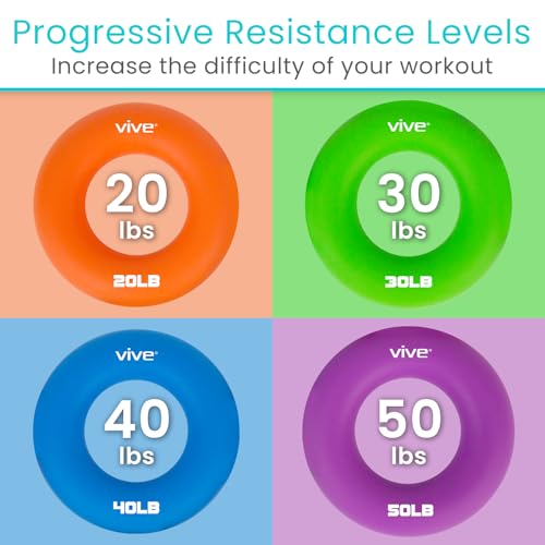 Vive Hand Strengthener Grip Ring - Forearm Ring Hand Exercisers - Silicone Squeezer Gripper for Muscle Strengthening Training Tool - Arthritis Finger Physical Therapy PT Kit Trainer - color: Multicolor (4 Pack)