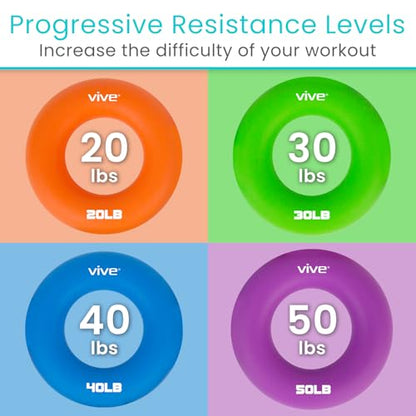 Vive Hand Strengthener Grip Ring - Forearm Ring Hand Exercisers - Silicone Squeezer Gripper for Muscle Strengthening Training Tool - Arthritis Finger Physical Therapy PT Kit Trainer - color: Multicolor (4 Pack)