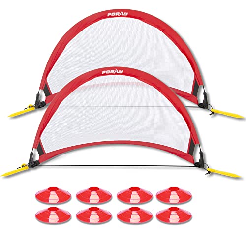 Poray Soccer Goal for Kid Easy-up Set of Two Portable Soccer Net 210D Oxford with 8 Field Marker Cones Extra Stakes Fun for Backyard and Soccer Training - color: Red, size: 2.4ft