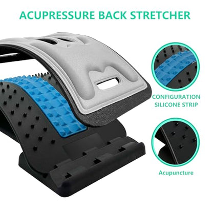 Back Stretcher with Lumbar Support Board for Back Pain Relief - Dual-Sided Adjustable Spinal Decompression & Cracker Device (Blue)