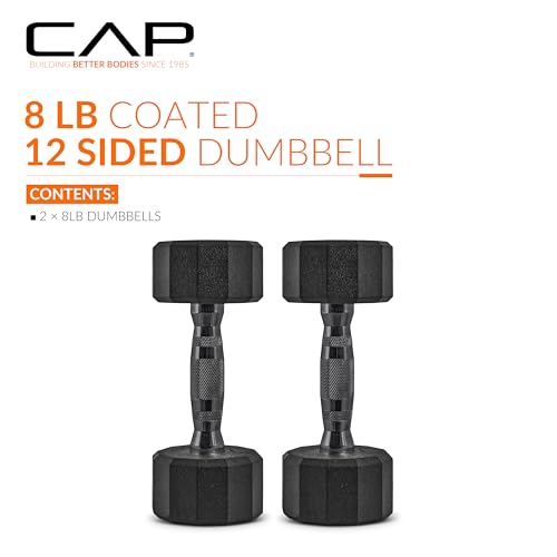 CAP Rubber Coated Dumbbell Weights, Free Weights for Home Gym Strength Training, Anti-Roll Hex Dumbbells with Black, Chrome & Comfort Grip Handles, Pairs & Sets - size: 8 lb - Pair, style: 12-Sided - Black Handle