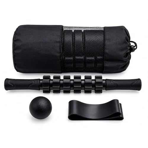 5 in 1 Foam Roller Set with Trigger Point Foam Roller, Massage Roller, Massage Ball and Stretching Strap for Physical Therapy, Muscle Recovery, Yoga, Pilates and Home Workout, Black