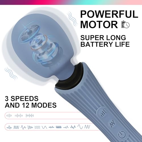 Handheld Personal Wand Massager with 12 Vibration Modes, 360° Flexible Neck, IPX7 Waterproof Cordless USB Rechargeable Quiet Therapy Tool for Body Neck Shoulder Back Muscle Relief, Blue