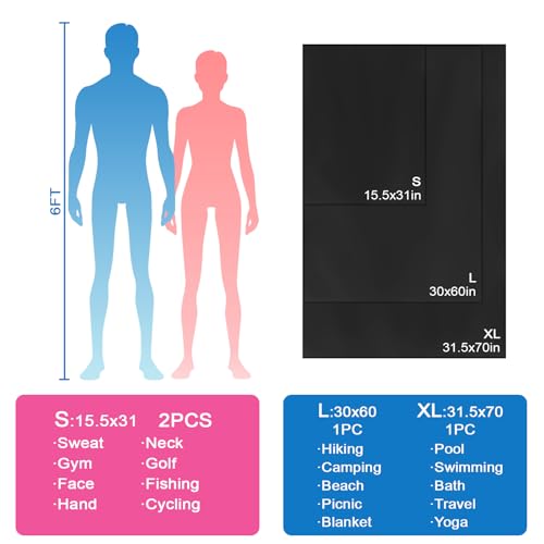 Microfiber Camping Towel Small Lightweight Quick Dry Towels for Gym Face Neck Body Sweat Golf Cycling Hiking (Black, 2 Pack S)