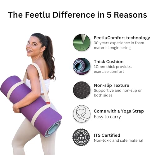 Extra Thick Yoga Mat with Carry Strap, 10mm Non-Slip Exercise Mat, 72 x 24 Inch Cushioned Workout Mat for Yoga, Pilates, Stretching & Floor Exercises