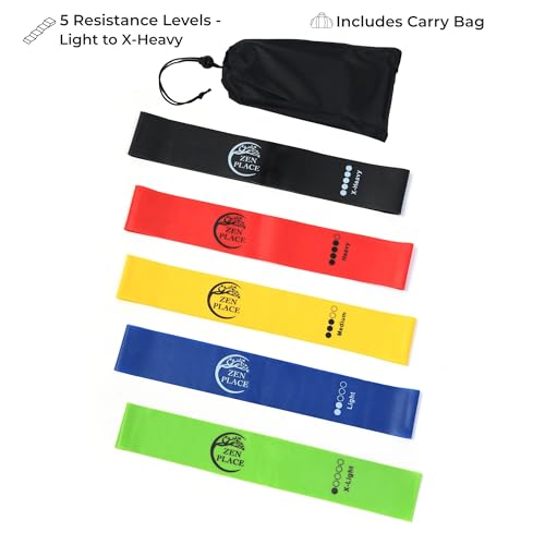 Resistance Bands Set of 5 – Loop Exercise Bands with Carry Bag, Light to Extra Heavy for Glutes, Yoga, Pilates & Strength Training