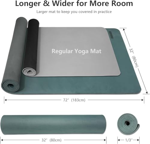 Wide Yoga Mat-80cm Non Slip Extra Thick 1/3'' Fitness Exercise Mat TPE Material High Resiliency Hot Yoga Mats(72“L x 32"W) With Carry Strap for Women Yoga Pilates, Home Floor Workout - color: Dark Green