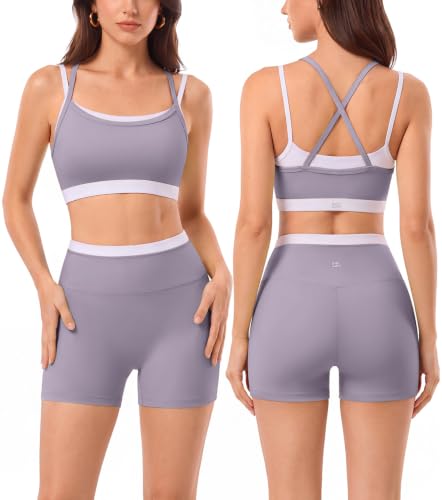 2 Pieces Workout Sets for Women,Seamless Athletic Short with Double Layer Sports Bra,Gym Matching Outfits - color: Pur008, size: Large