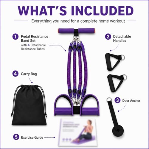 Pedal Resistance Band with Handles, 4 Detachable Tubes 25–100 lbs, Foot Pedal Exercise Band with Door Anchor, Portable Home Workout Kit for Small Spaces, Arms, Legs, Core and Stretching