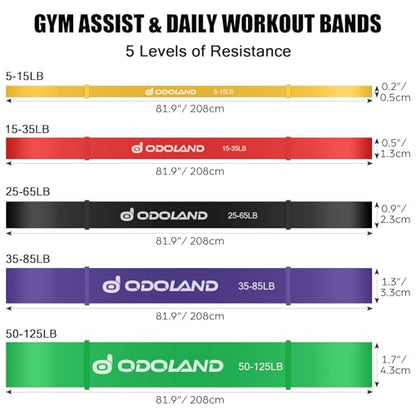 Odoland 5 Packs Pull Up Assist Bands, Pull Up Straps, Resistance Bands with Door Anchor and Handles, Stretch Mobility, Powerlifting and Extra Durable Exercise Bands with eGuide
