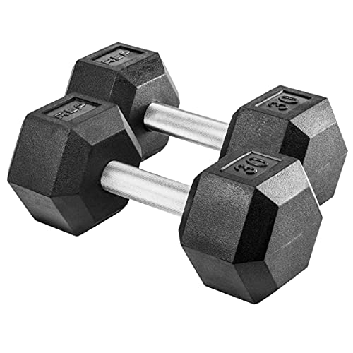 Rep Fitness Rubber Hex Dumbbell(s) - Singles (55LB +) and Pairs (5LB - 50LB) - Low Odor, Fully Knurled Handle - style: 30 LB Pair