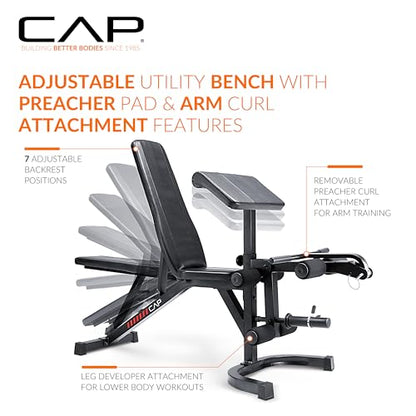 CAP Adjustable Utility Weight Bench with Preacher Pad, Arm Curl Attachment, and Leg Developer for Full Body Strength Training