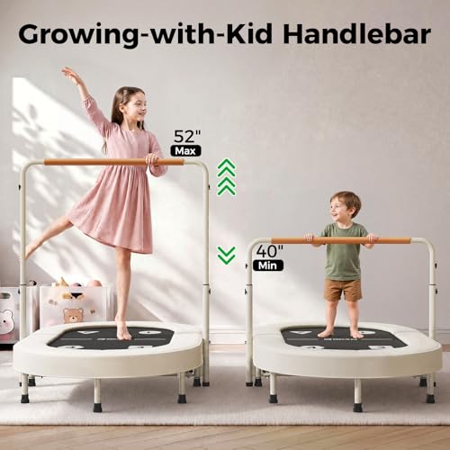 BCAN BT6 56IN 2-Person Kids Trampoline, Safe-Elastic Band Foldable Frame Trampoline for Kids 1-8, ASTM Certified-Toddler Trampoline Indoor with Adjustable Stable Handlebar, Load 220lbs