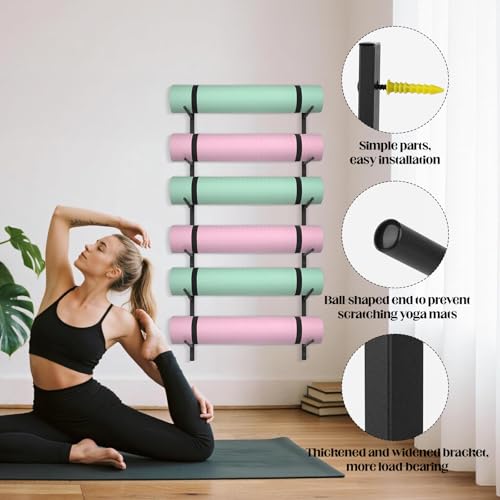 6 Tier Yoga Mat Rack,Yoga Mat Holder Wall Mount,Yoga Mat Storage Rack,Holds 30 lbs for Foam Rollers,Resistance Bands,Home Gym