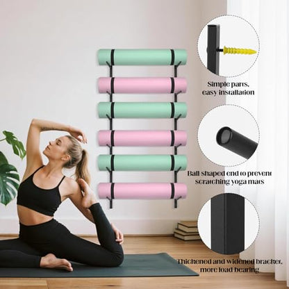 6 Tier Yoga Mat Rack,Yoga Mat Holder Wall Mount,Yoga Mat Storage Rack,Holds 30 lbs for Foam Rollers,Resistance Bands,Home Gym