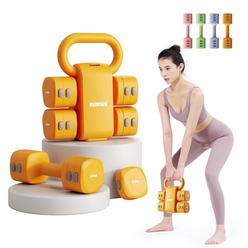 Lightweight Adjustable Dumbbell Kettlebell Set - 4 in 1 Free Weight Set with Kettlebell Grip Converter, Each 2.2 3.3 4.4 5.5lb Quick Change Weight Women Dumbbell Set for Small Spaces Home Gym - color: Adjustable Kettlebell Orange