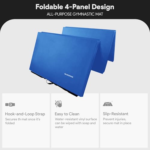BalanceFrom 10x4 Feet 4-Panel Folding Gymnastics Mat – 2-Inch Thick Pad with Vinyl Surface and Carrying Handles for Tumbling, Yoga, Pilates, Home Workouts, and Martial Arts - color: Blue