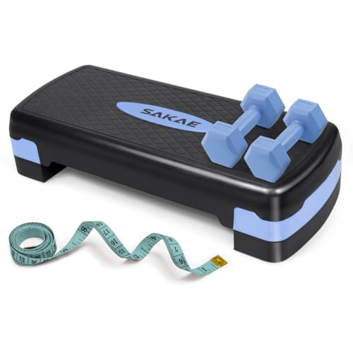 Adjustable Height Aerobic Stepper Set, Multiple Bundle Options with Dumbbells, Kettlebell, Waist Trimmer, Ankle Weights or Weighted Vest, Workout Exercise Step Platform w/Level Risers, 4 Colors - color: Blue Black, size: a. W/ Dumbbells