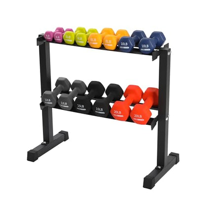 146 Pound Neoprene Coated Non Slip Dumbbells with Rack for Strength Training, Includes 3, 5, 8, 10, 12, 15, & 20 Pound Sets, Multicolor