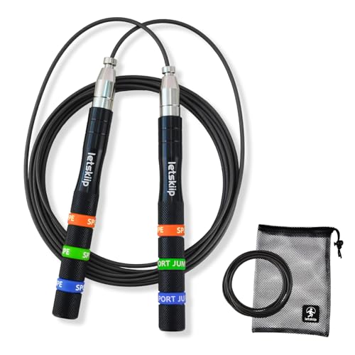 Speed Jump Rope for CrossFit & Boxing - Secure Self-Locking Adjustable Skipping Rope for Men & Women - Anti-Slip Aluminum Handles & Smooth Ball Bearings for Double Unders, HIIT, Home Gym (2 Cables Included)