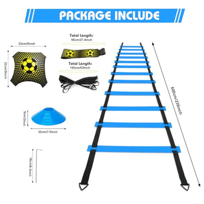 Soccer Speed Agility Training Set - 20FT Agility Ladder 12/16 Sports Cones and Soccer Kick Trainer Football Training Equipment Footwork Drills for Youth and Adults - color: Blue, style: Agility Ladder+Cones+Soccer Trainer