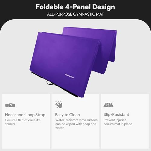 BalanceFrom 6x4 Feet 4-Panel Folding Gymnastics Mat – 2-Inch Thick Pad with Vinyl Surface and Carrying Handles for Tumbling, Yoga, Pilates, Home Workouts, and Martial Arts