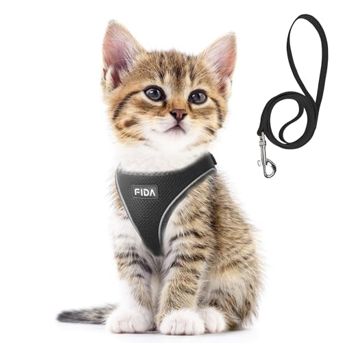 Fida Cat Harness and Leash Set for Walking Kitten and Puppy, Escape Proof Kitten Harness with Breathable Lightweight Soft Mesh, Adjustable Reflective Step-in Design for Kitten and Puppy.(XXXS, Black) - color: Black, size: XXXS (Neck:10.2"-11.4"; Girth:11.