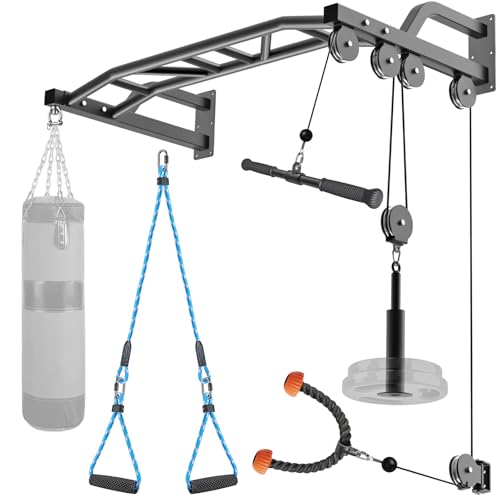 SELEWARE 48'' Heavy Duty Pull Up Bar Wall Mount Multi-function Chin up Bar with Home Gym Cable Pulley System LAT Pulldown Workout Attachments Heavy Bag Hanger - color: A. Black Pull Up Bar with Cable Pulley System